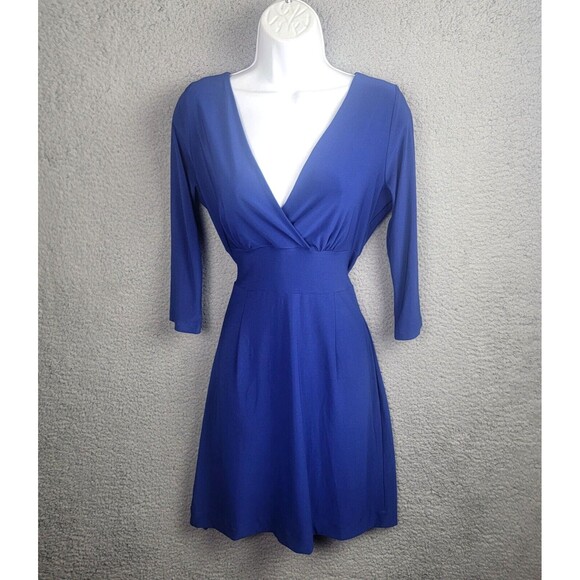 Clara Sun Woo Faux Wrap Blue Stretch Knit Dress S Travel Friendly Classic Style - Picture 3 of 12